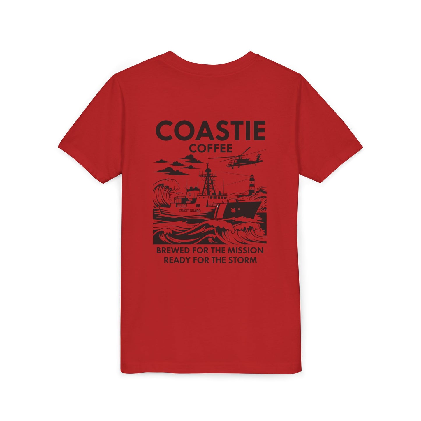 Coastie Coffee Youth Tee. "Brewed for the Mission, Ready for the Storm"