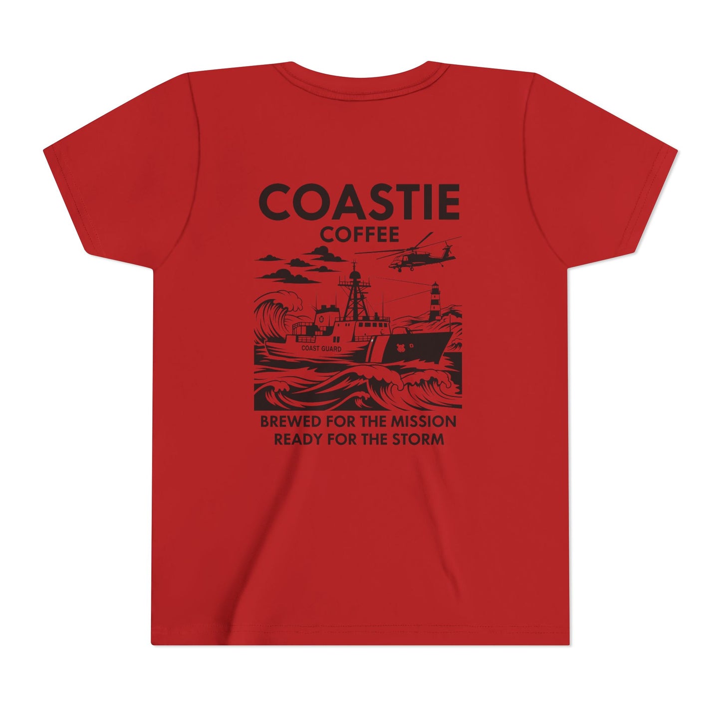 Coastie Coffee Youth Tee. "Brewed for the Mission, Ready for the Storm"