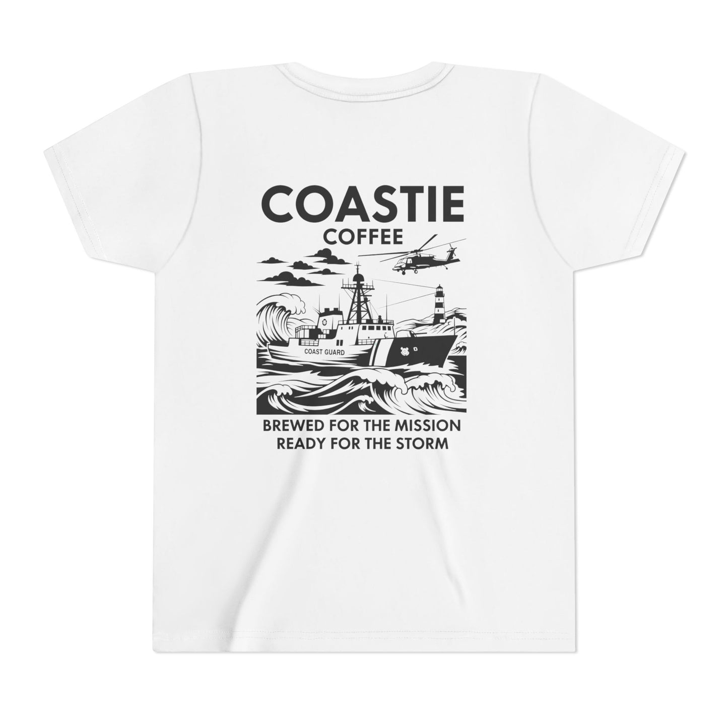 Coastie Coffee Youth Tee. "Brewed for the Mission, Ready for the Storm"