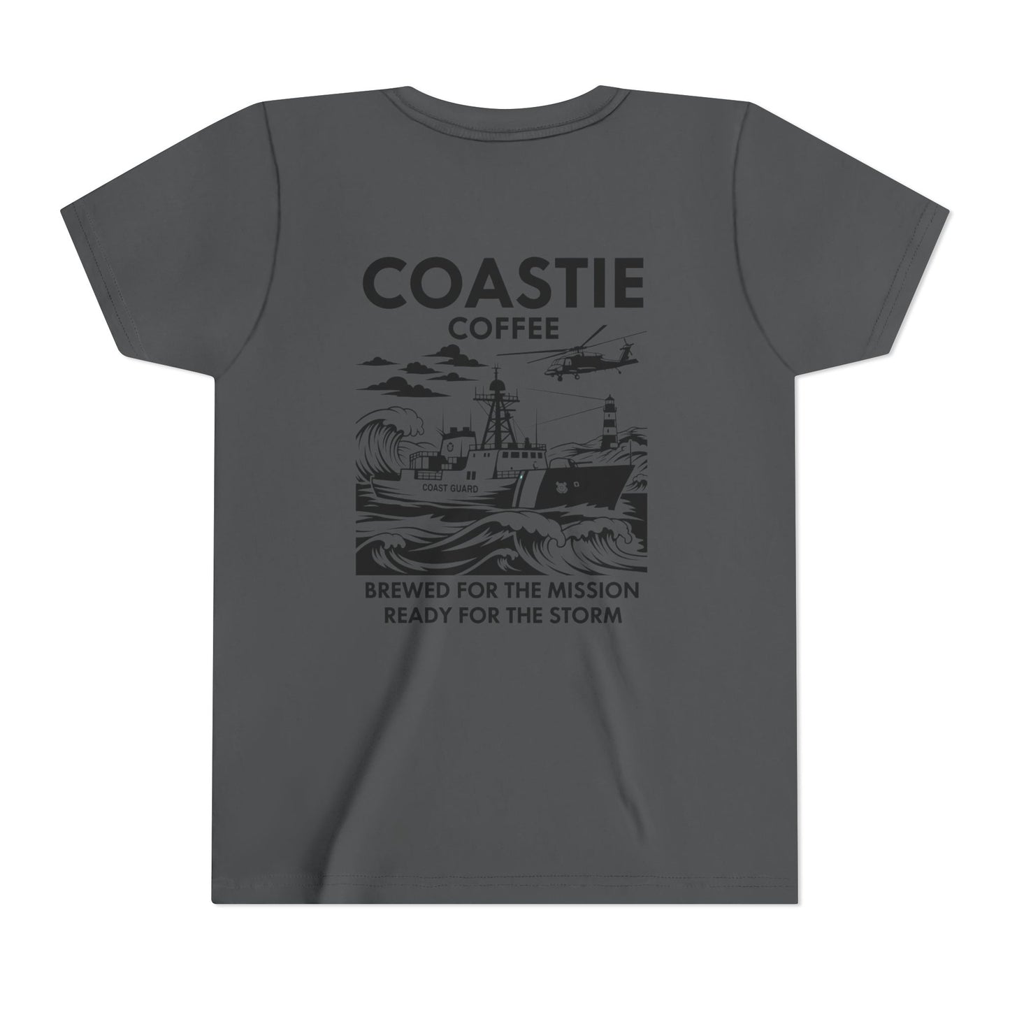 Coastie Coffee Youth Tee. "Brewed for the Mission, Ready for the Storm"