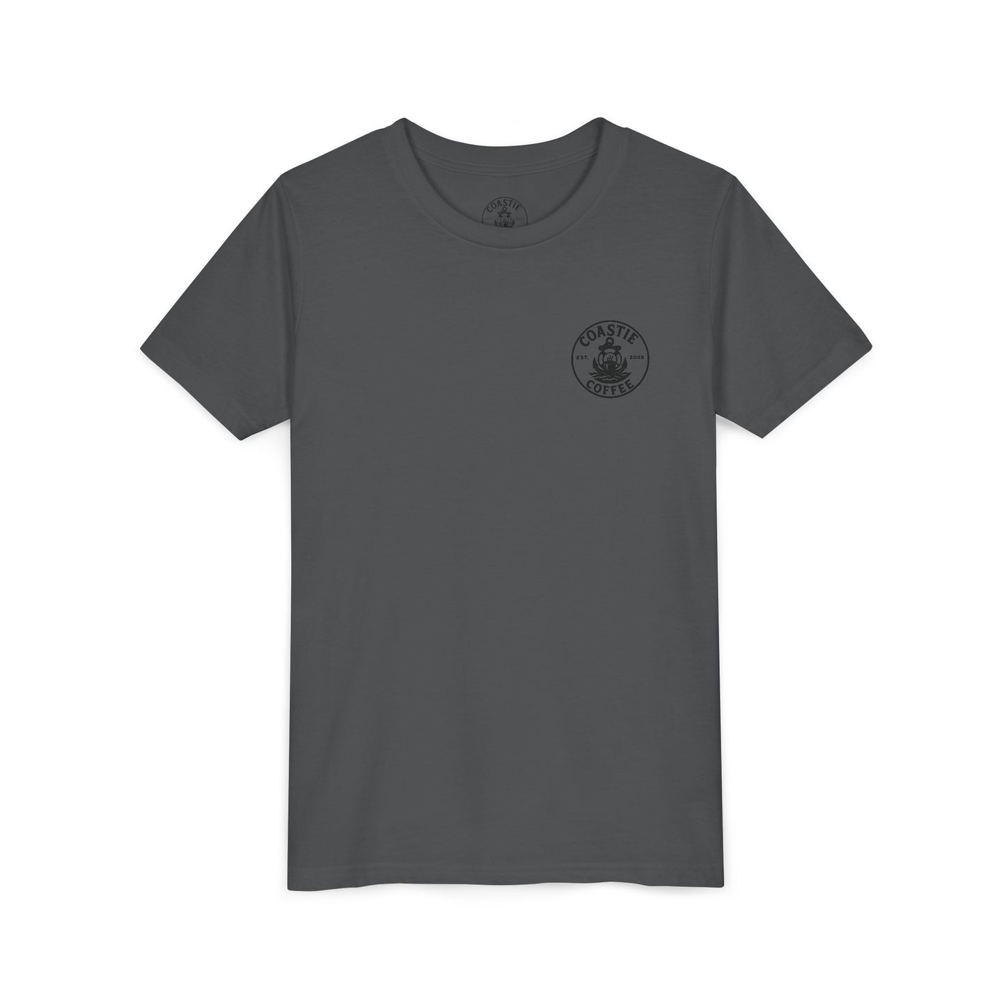 Coastie Coffee Youth Tee. "Brewed for the Mission, Ready for the Storm"