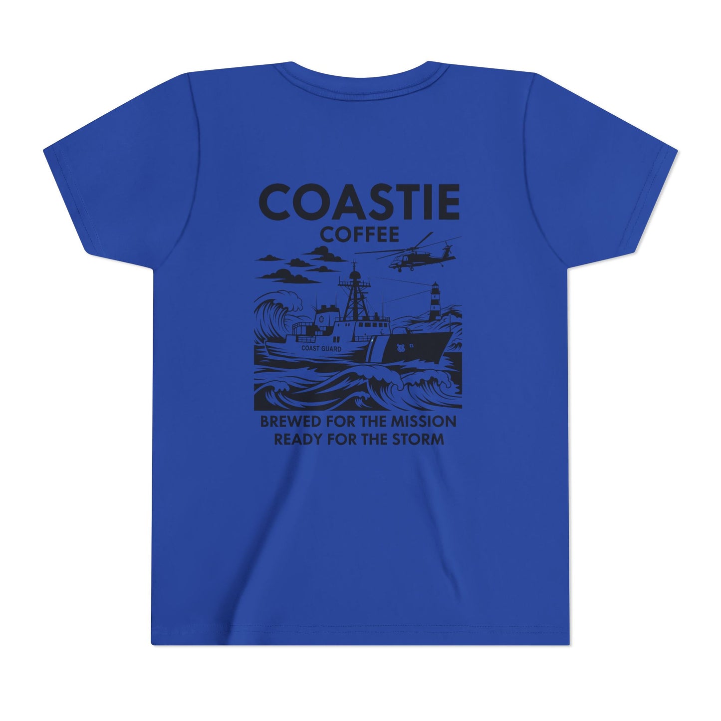 Coastie Coffee Youth Tee. "Brewed for the Mission, Ready for the Storm"
