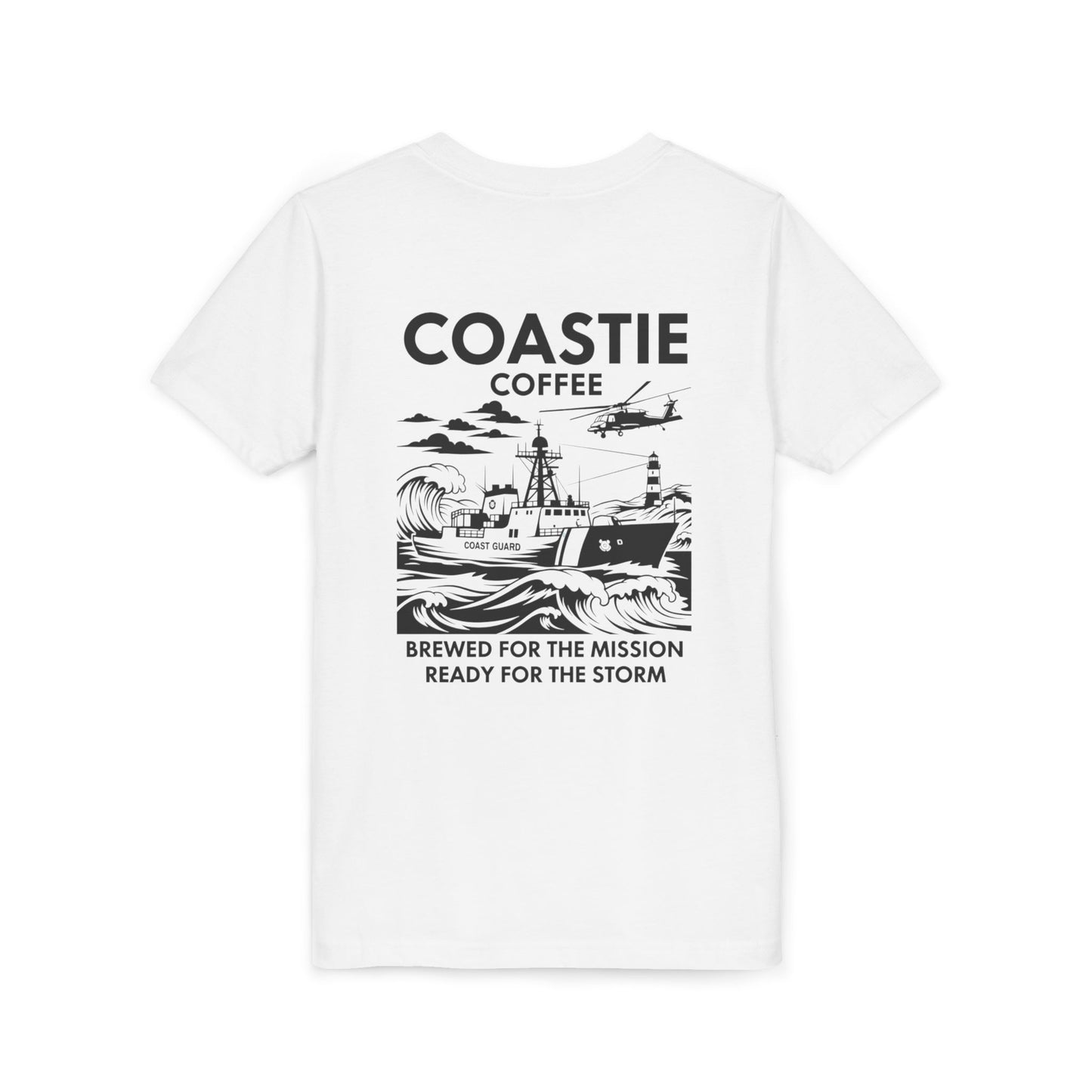 Coastie Coffee Youth Tee. "Brewed for the Mission, Ready for the Storm"