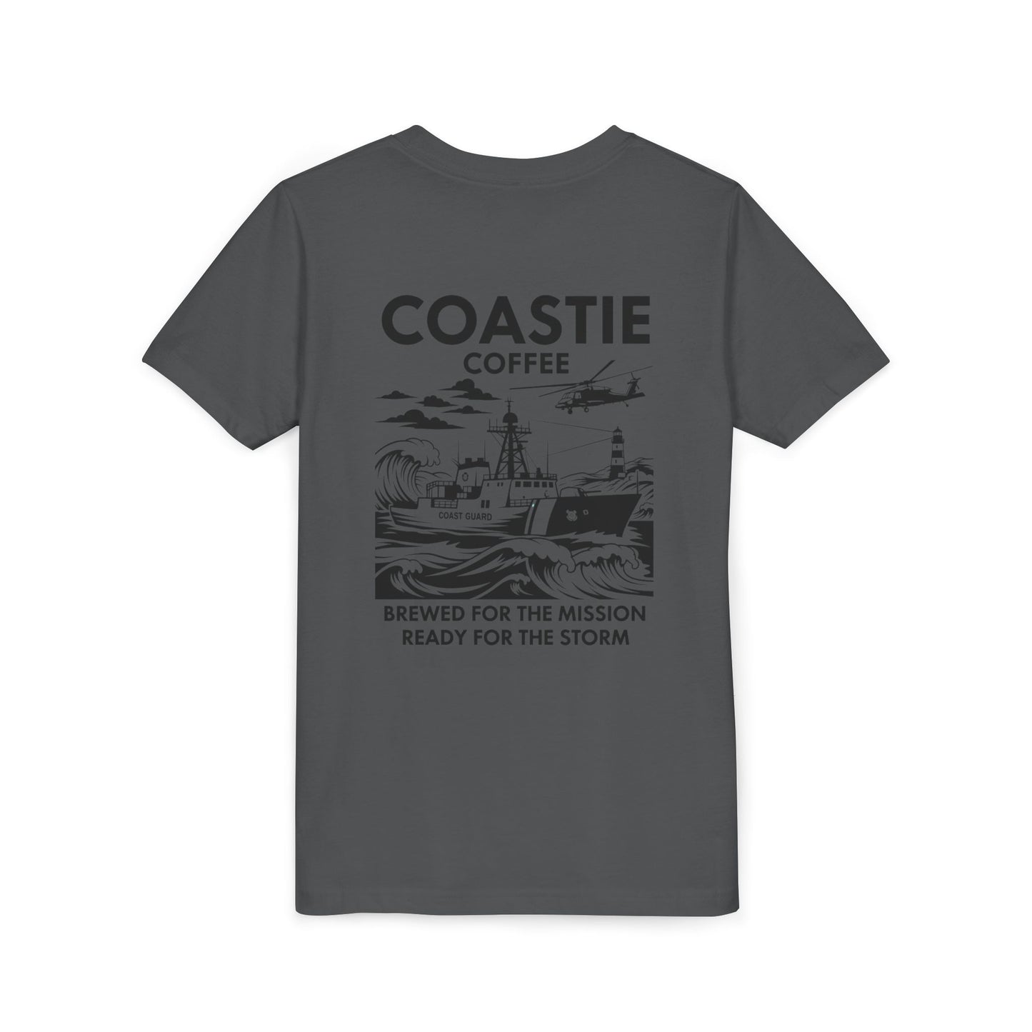 Coastie Coffee Youth Tee. "Brewed for the Mission, Ready for the Storm"