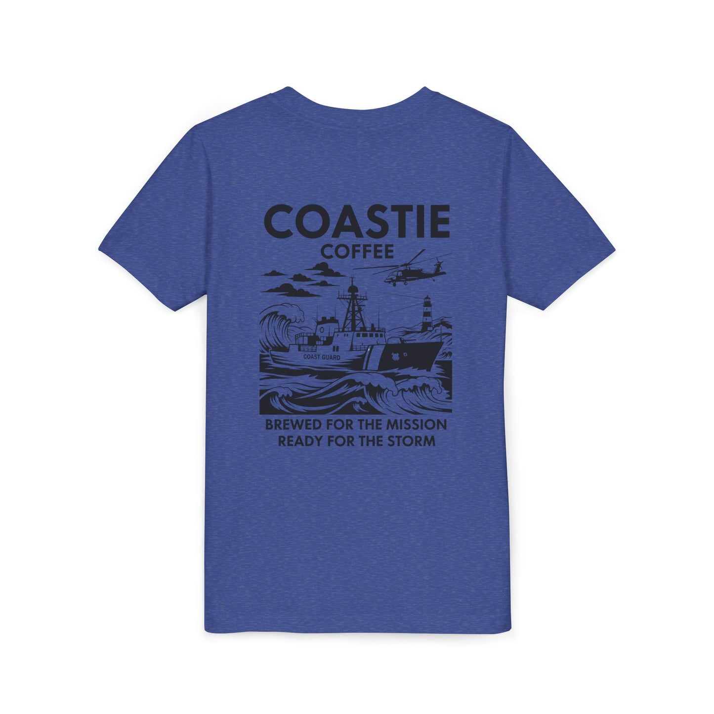 Coastie Coffee Youth Tee. "Brewed for the Mission, Ready for the Storm"