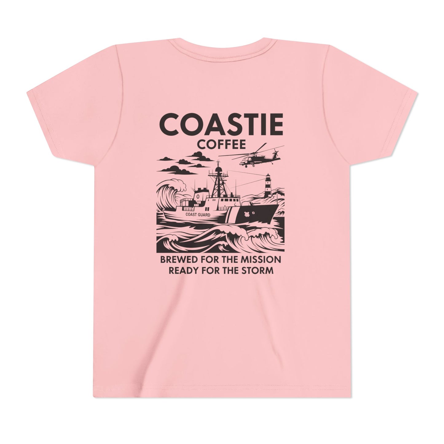 Coastie Coffee Youth Tee. "Brewed for the Mission, Ready for the Storm"