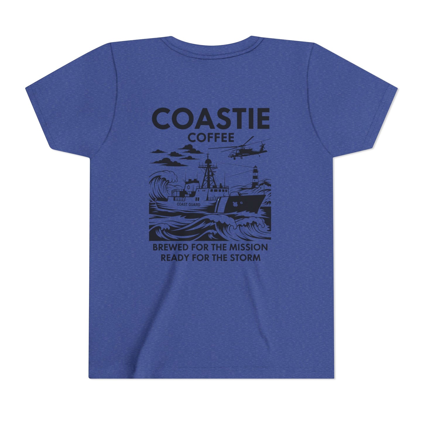 Coastie Coffee Youth Tee. "Brewed for the Mission, Ready for the Storm"