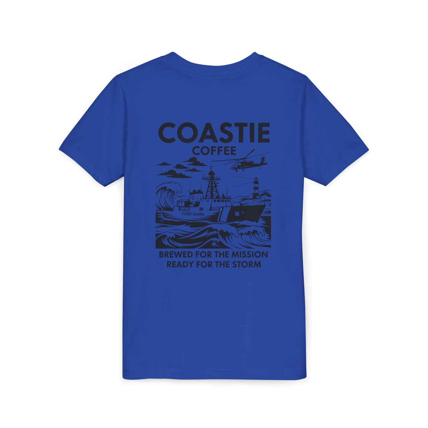 Coastie Coffee Youth Tee. "Brewed for the Mission, Ready for the Storm"